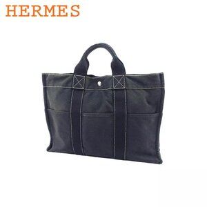 HERMES Tote Bag Charcoal Gray Canvas Authentic Used